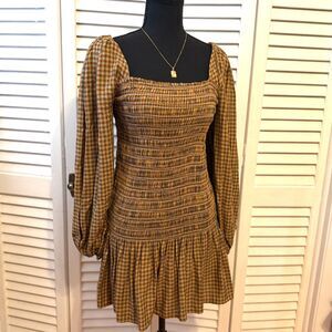 Urban Outfitters Francis Smocked Long Sleeve Mini Dress Plaid Gingham Size Small